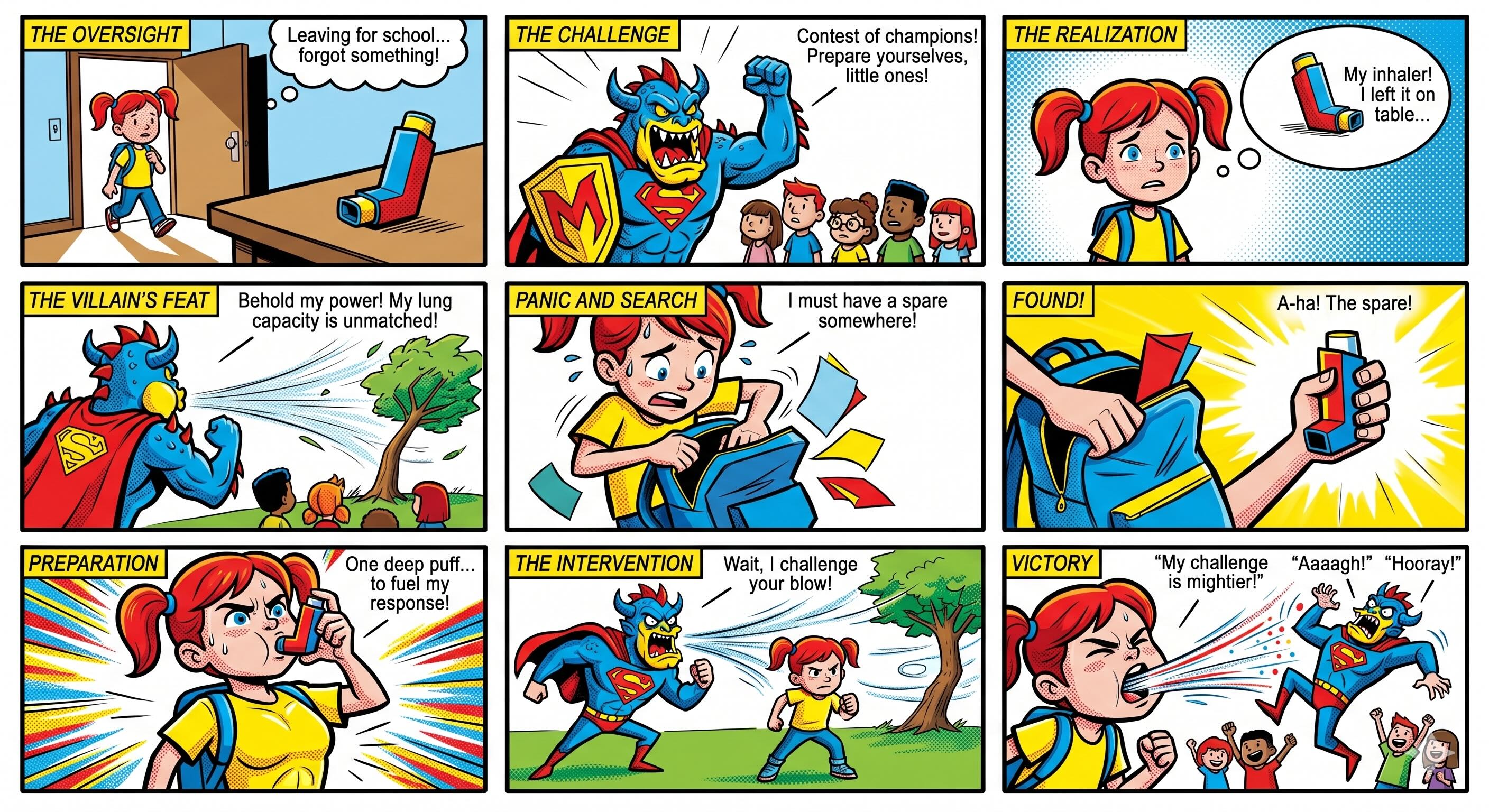Comic strip showing a child remembering an inhaler and defeating an asthma villain.