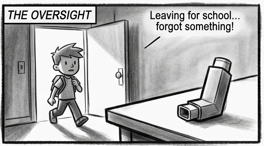 Black and white comic panel showing a child leaving for school without an inhaler.