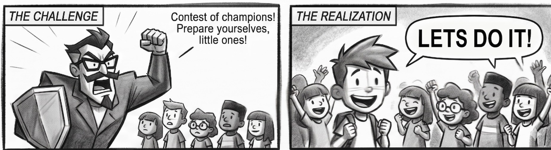 Black and white comic panels showing the asthma challenge and realisation.
