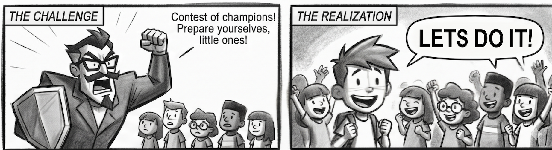 Black and white comic panels showing the asthma challenge and realisation.