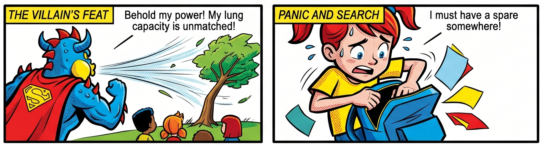 Colour comic panel showing a villain and a child searching for a spare inhaler.