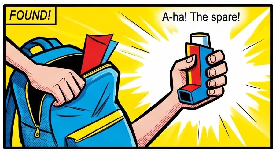 Comic panel showing a spare inhaler being found in a backpack.