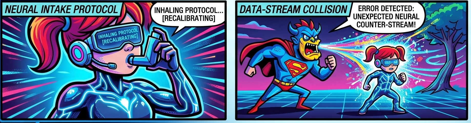 Futuristic comic panels showing a child using an inhaler protocol to defeat a villain.