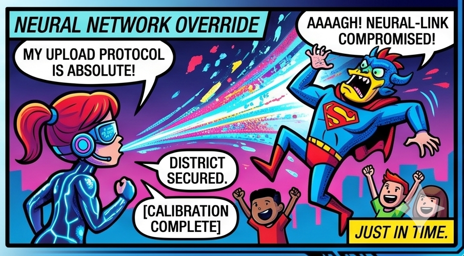 Futuristic comic panel showing a child hero defeating the villain in time.