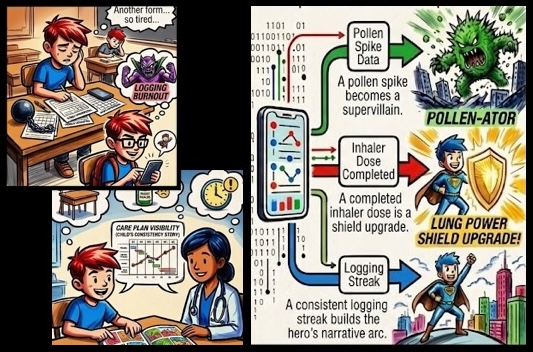 comic panels showing a child logging burnot
