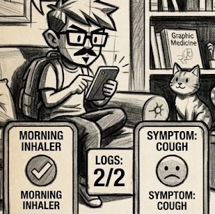 Black and white comic panel showing a child leaving for school without an inhaler.